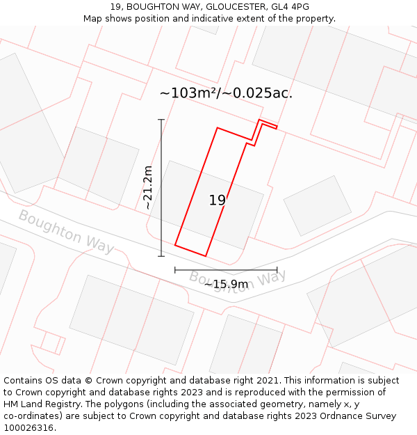 19, BOUGHTON WAY, GLOUCESTER, GL4 4PG: Plot and title map
