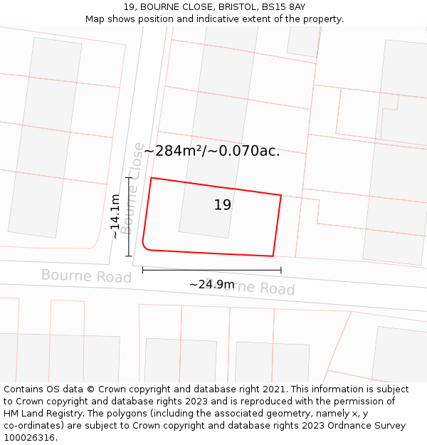 19, BOURNE CLOSE, BRISTOL, BS15 8AY: Plot and title map