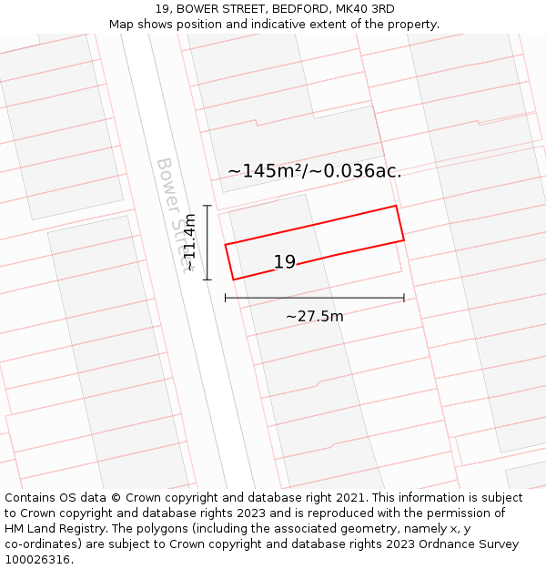 19, BOWER STREET, BEDFORD, MK40 3RD: Plot and title map
