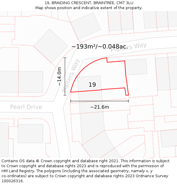 19, BRAIDING CRESCENT, BRAINTREE, CM7 3LU: Plot and title map