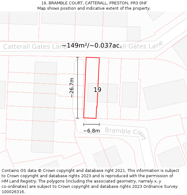 19, BRAMBLE COURT, CATTERALL, PRESTON, PR3 0NF: Plot and title map
