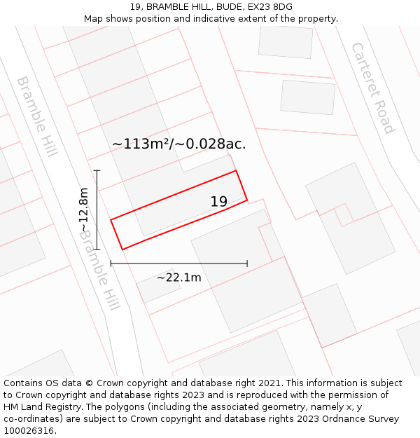 19, BRAMBLE HILL, BUDE, EX23 8DG: Plot and title map