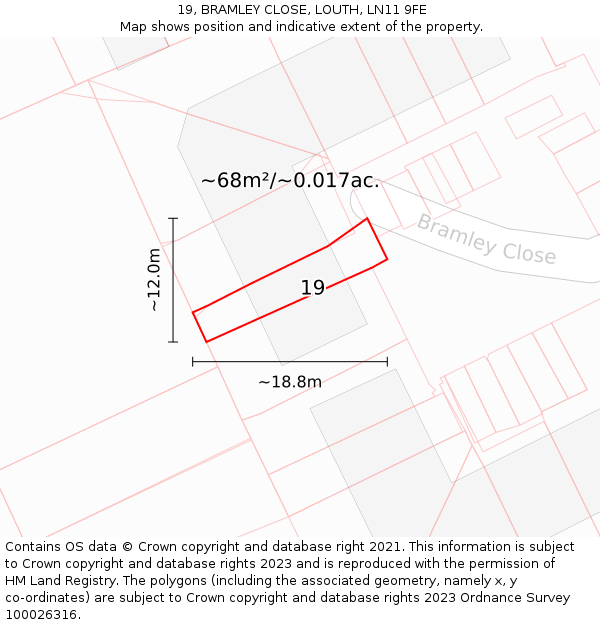 19, BRAMLEY CLOSE, LOUTH, LN11 9FE: Plot and title map