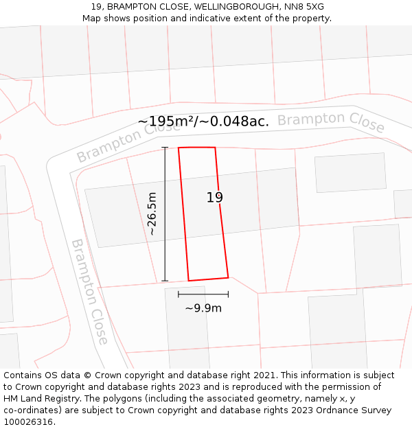 19, BRAMPTON CLOSE, WELLINGBOROUGH, NN8 5XG: Plot and title map