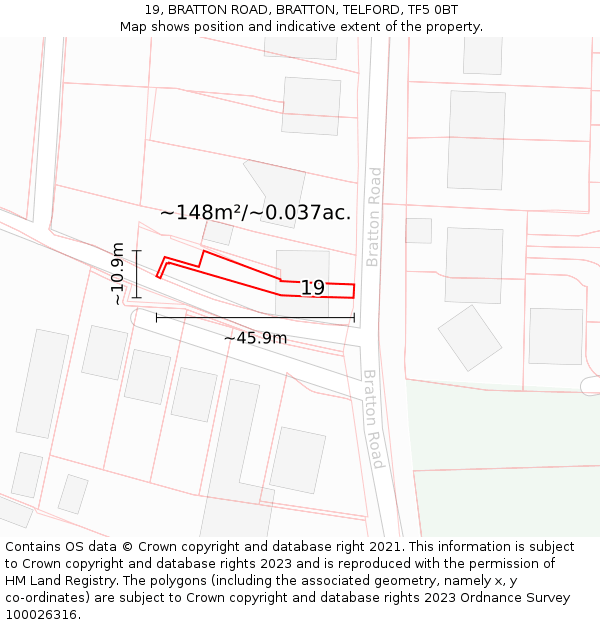 19, BRATTON ROAD, BRATTON, TELFORD, TF5 0BT: Plot and title map