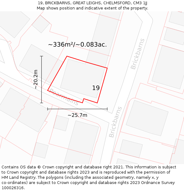 19, BRICKBARNS, GREAT LEIGHS, CHELMSFORD, CM3 1JJ: Plot and title map