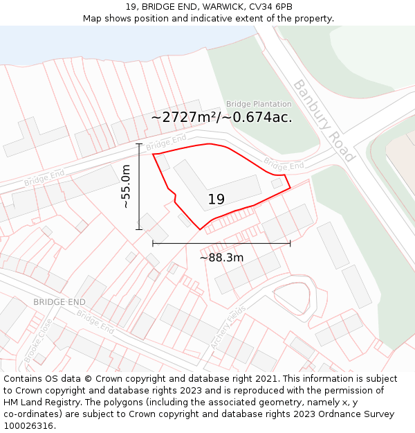 19, BRIDGE END, WARWICK, CV34 6PB: Plot and title map