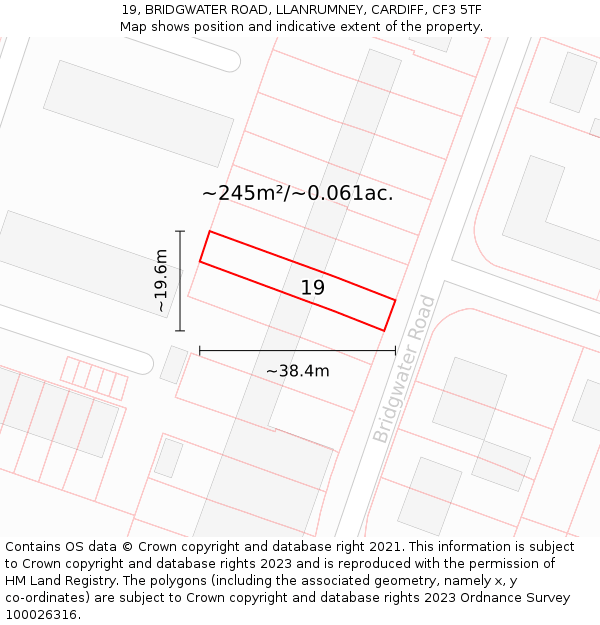 19, BRIDGWATER ROAD, LLANRUMNEY, CARDIFF, CF3 5TF: Plot and title map