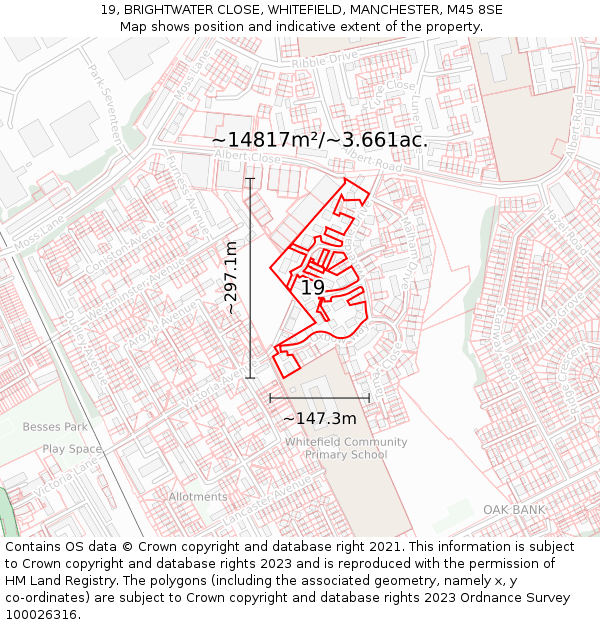 19, BRIGHTWATER CLOSE, WHITEFIELD, MANCHESTER, M45 8SE: Plot and title map