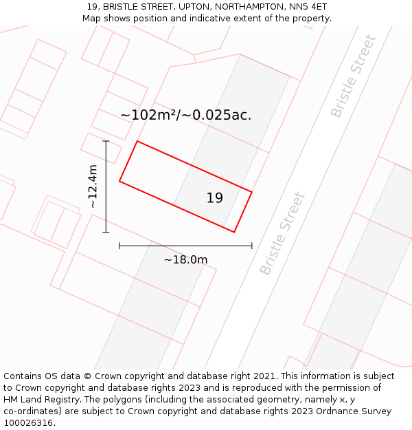 19, BRISTLE STREET, UPTON, NORTHAMPTON, NN5 4ET: Plot and title map