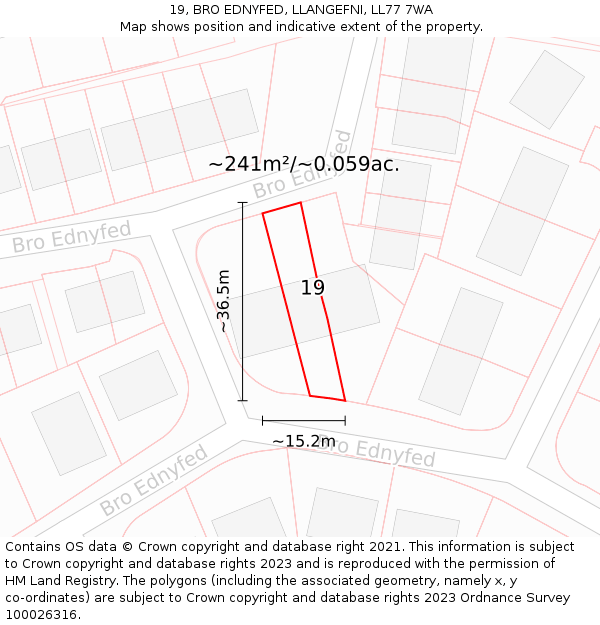 19, BRO EDNYFED, LLANGEFNI, LL77 7WA: Plot and title map