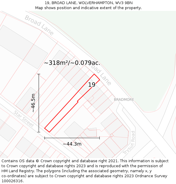 19, BROAD LANE, WOLVERHAMPTON, WV3 9BN: Plot and title map
