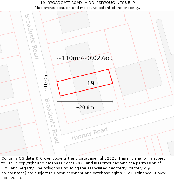 19, BROADGATE ROAD, MIDDLESBROUGH, TS5 5LP: Plot and title map