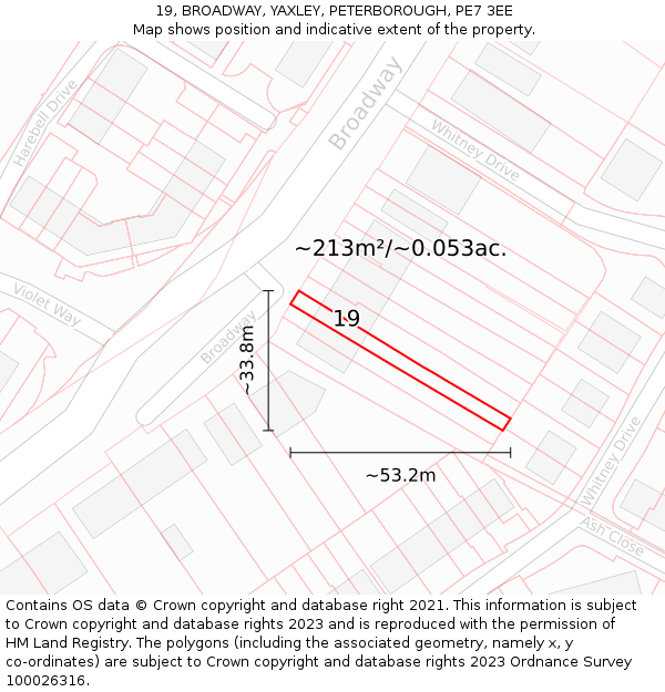 19, BROADWAY, YAXLEY, PETERBOROUGH, PE7 3EE: Plot and title map
