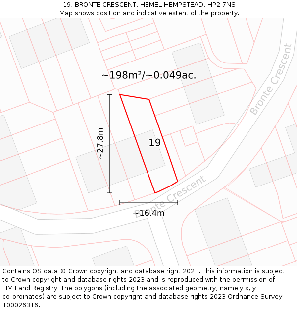 19, BRONTE CRESCENT, HEMEL HEMPSTEAD, HP2 7NS: Plot and title map