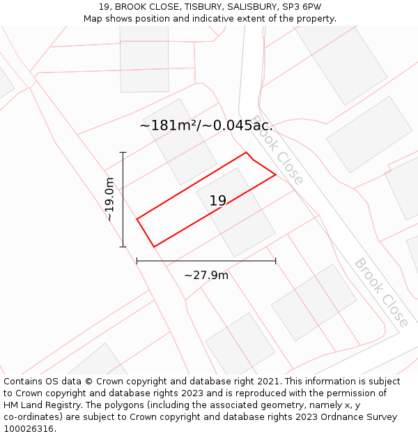 19, BROOK CLOSE, TISBURY, SALISBURY, SP3 6PW: Plot and title map