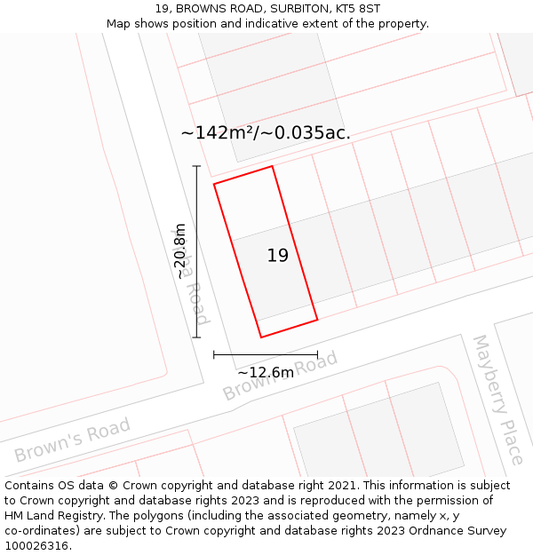 19, BROWNS ROAD, SURBITON, KT5 8ST: Plot and title map