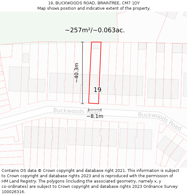 19, BUCKWOODS ROAD, BRAINTREE, CM7 1DY: Plot and title map