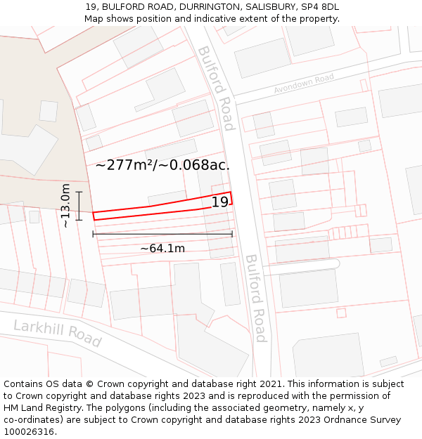 19, BULFORD ROAD, DURRINGTON, SALISBURY, SP4 8DL: Plot and title map