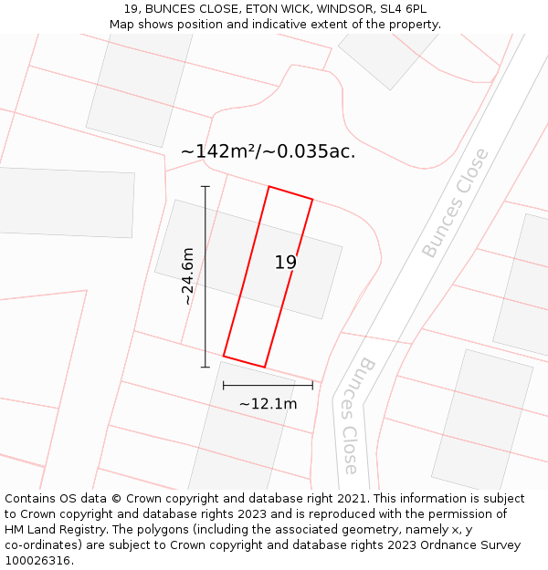 19, BUNCES CLOSE, ETON WICK, WINDSOR, SL4 6PL: Plot and title map