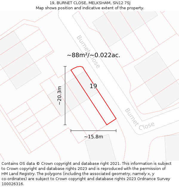 19, BURNET CLOSE, MELKSHAM, SN12 7SJ: Plot and title map
