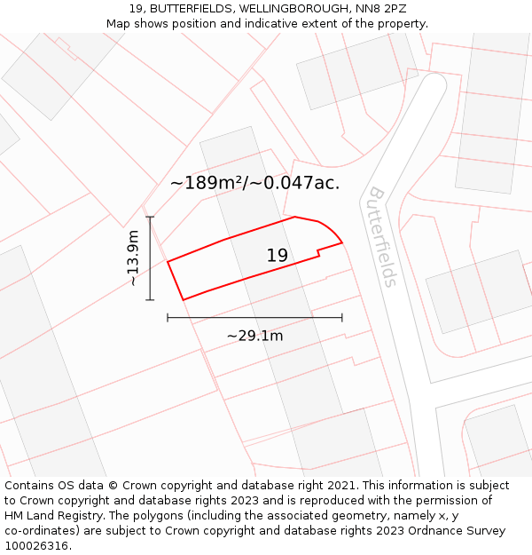 19, BUTTERFIELDS, WELLINGBOROUGH, NN8 2PZ: Plot and title map