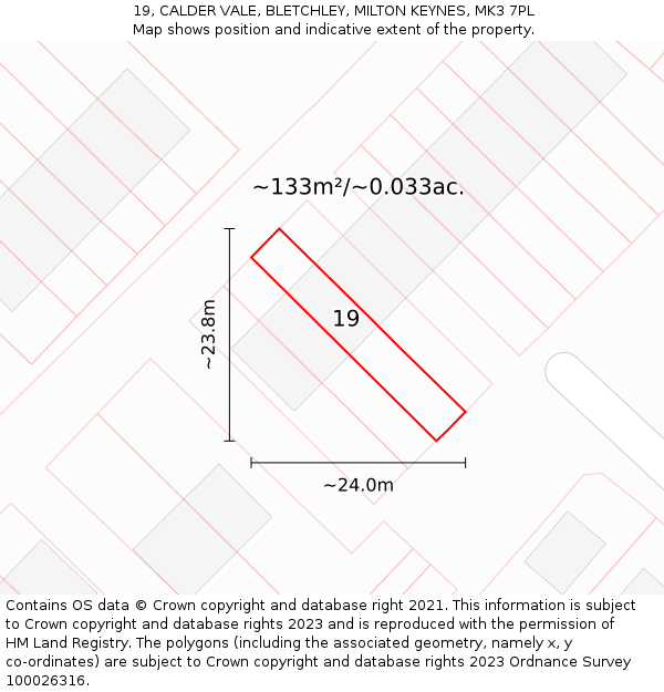 19, CALDER VALE, BLETCHLEY, MILTON KEYNES, MK3 7PL: Plot and title map