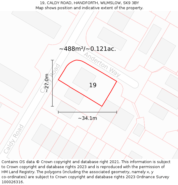 19, CALDY ROAD, HANDFORTH, WILMSLOW, SK9 3BY: Plot and title map