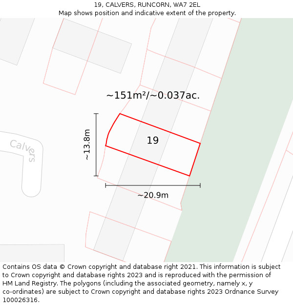 19, CALVERS, RUNCORN, WA7 2EL: Plot and title map