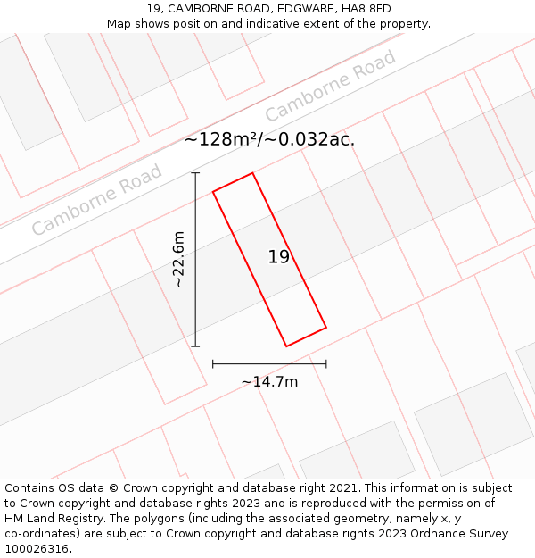 19, CAMBORNE ROAD, EDGWARE, HA8 8FD: Plot and title map