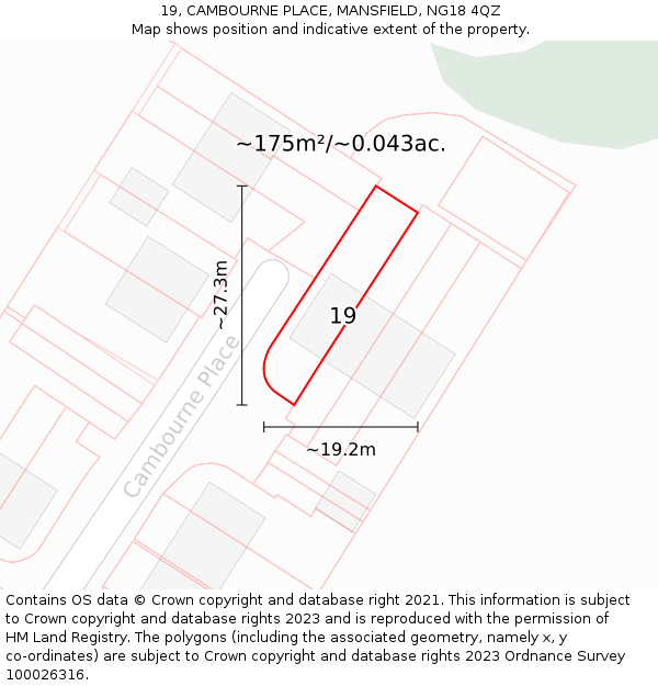 19, CAMBOURNE PLACE, MANSFIELD, NG18 4QZ: Plot and title map