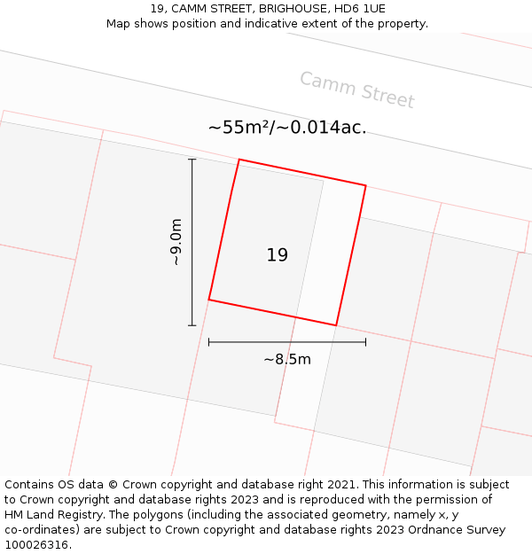19, CAMM STREET, BRIGHOUSE, HD6 1UE: Plot and title map