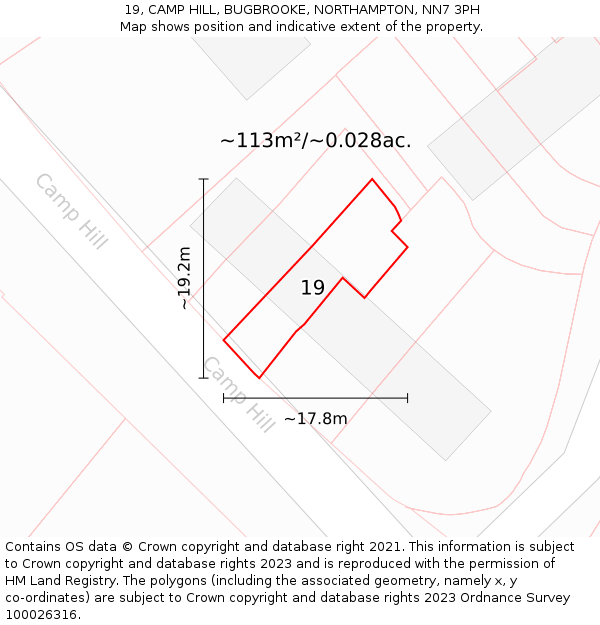 19, CAMP HILL, BUGBROOKE, NORTHAMPTON, NN7 3PH: Plot and title map