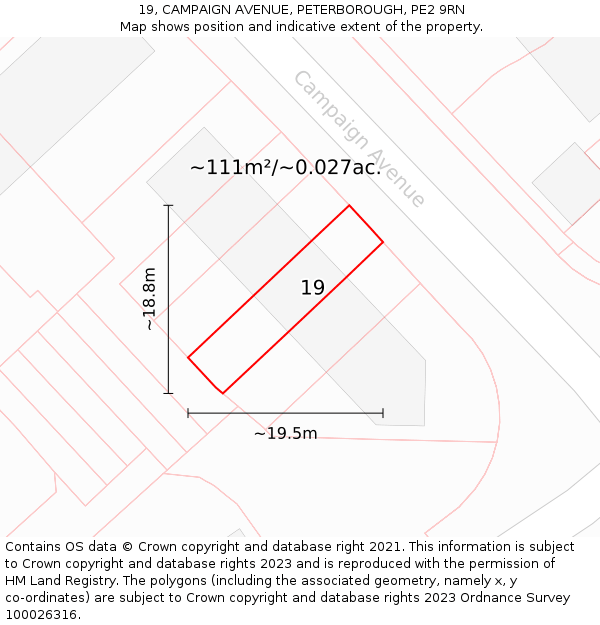 19, CAMPAIGN AVENUE, PETERBOROUGH, PE2 9RN: Plot and title map