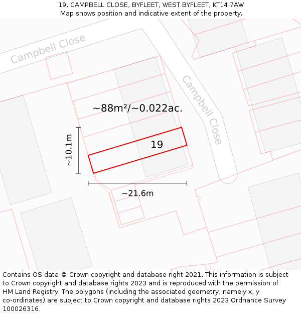 19, CAMPBELL CLOSE, BYFLEET, WEST BYFLEET, KT14 7AW: Plot and title map