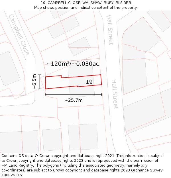 19, CAMPBELL CLOSE, WALSHAW, BURY, BL8 3BB: Plot and title map