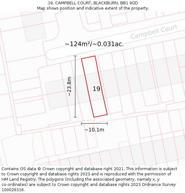 19, CAMPBELL COURT, BLACKBURN, BB1 9GD: Plot and title map