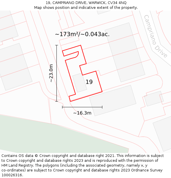 19, CAMPRIANO DRIVE, WARWICK, CV34 4NQ: Plot and title map