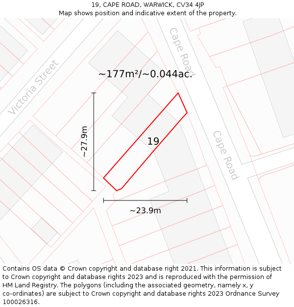 19, CAPE ROAD, WARWICK, CV34 4JP: Plot and title map