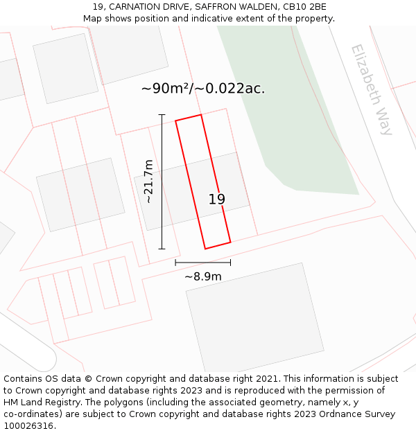19, CARNATION DRIVE, SAFFRON WALDEN, CB10 2BE: Plot and title map