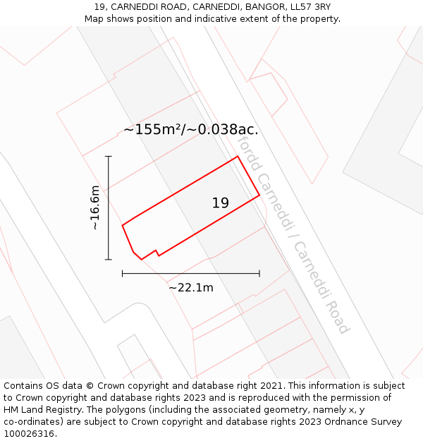 19, CARNEDDI ROAD, CARNEDDI, BANGOR, LL57 3RY: Plot and title map