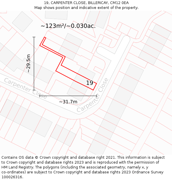 19, CARPENTER CLOSE, BILLERICAY, CM12 0EA: Plot and title map