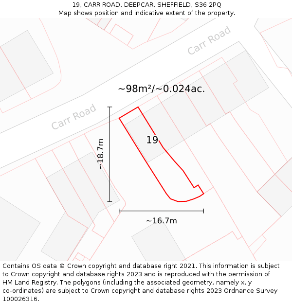 19, CARR ROAD, DEEPCAR, SHEFFIELD, S36 2PQ: Plot and title map