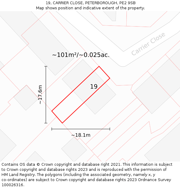 19, CARRIER CLOSE, PETERBOROUGH, PE2 9SB: Plot and title map