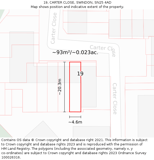 19, CARTER CLOSE, SWINDON, SN25 4AD: Plot and title map