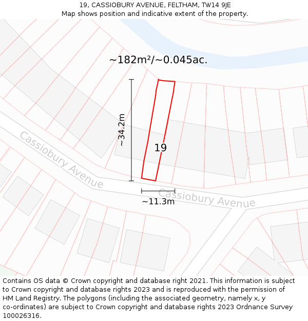 19, CASSIOBURY AVENUE, FELTHAM, TW14 9JE: Plot and title map