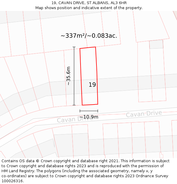 19, CAVAN DRIVE, ST ALBANS, AL3 6HR: Plot and title map