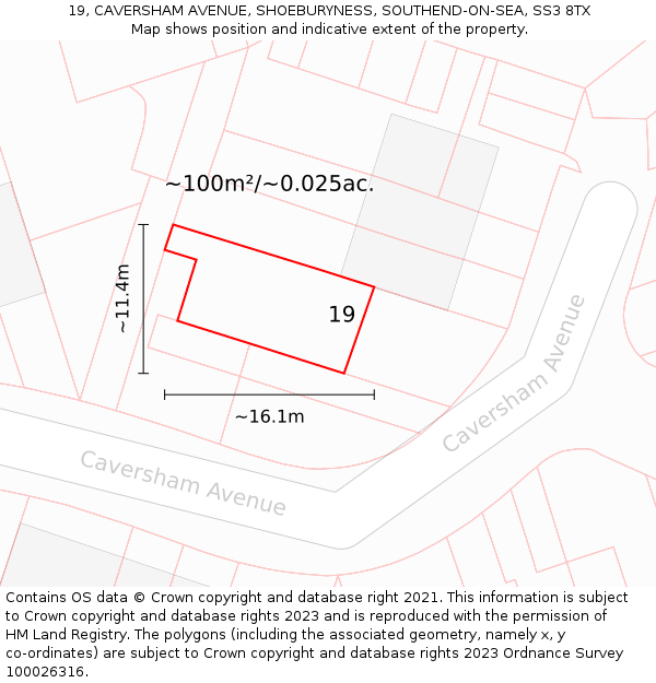 19, CAVERSHAM AVENUE, SHOEBURYNESS, SOUTHEND-ON-SEA, SS3 8TX: Plot and title map