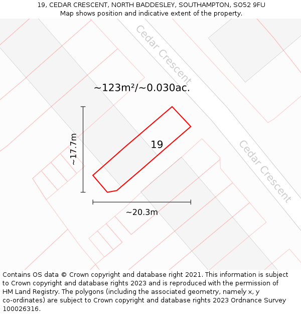 19, CEDAR CRESCENT, NORTH BADDESLEY, SOUTHAMPTON, SO52 9FU: Plot and title map