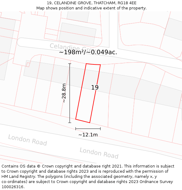 19, CELANDINE GROVE, THATCHAM, RG18 4EE: Plot and title map